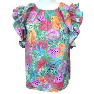 Anthropologie Entro SZ Large Ruffle Sleeve Colorful Summer Tropical Melon Top